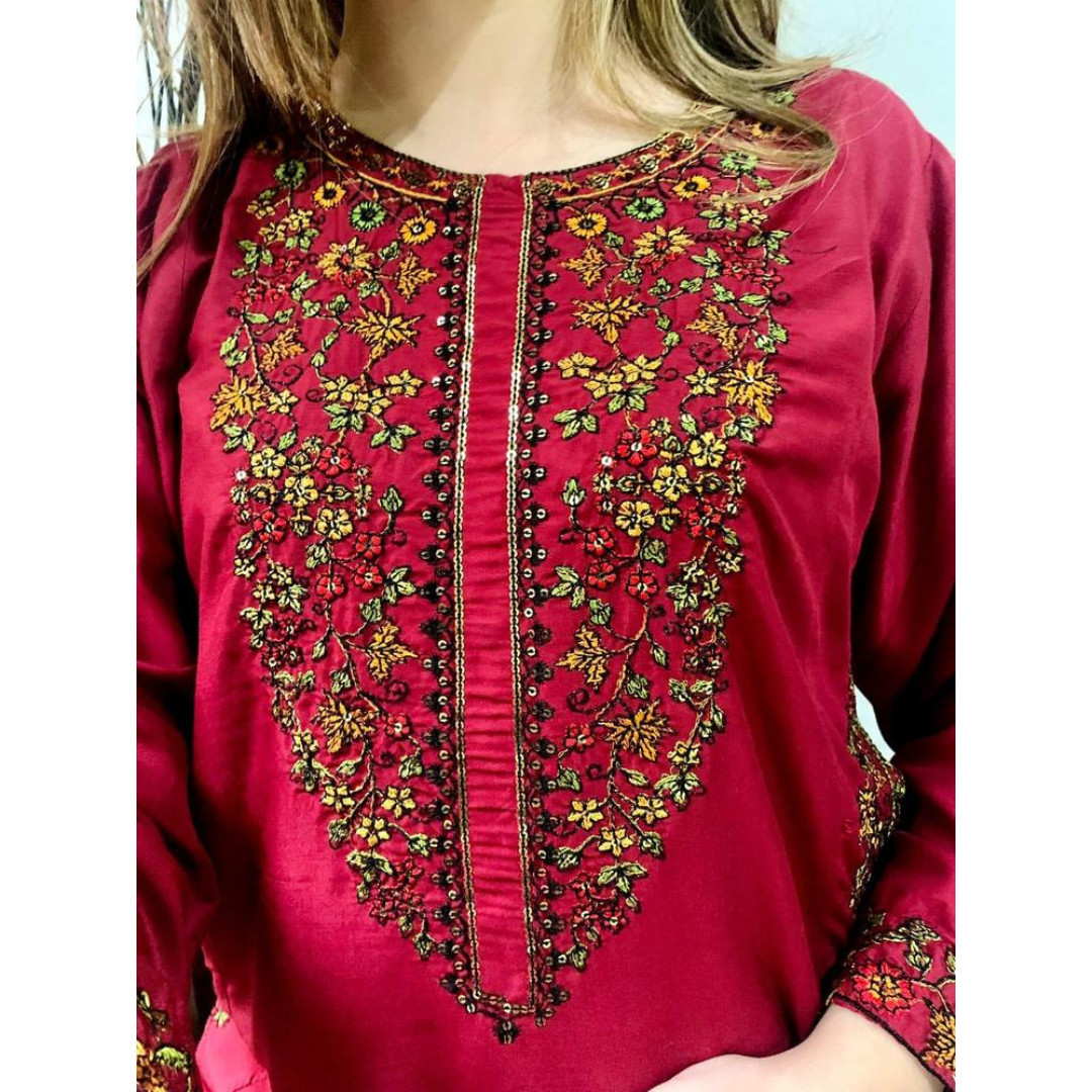 Women’s Sequins Embroidered Linen 2-Piece Suit – Shirt & Trouser Set
