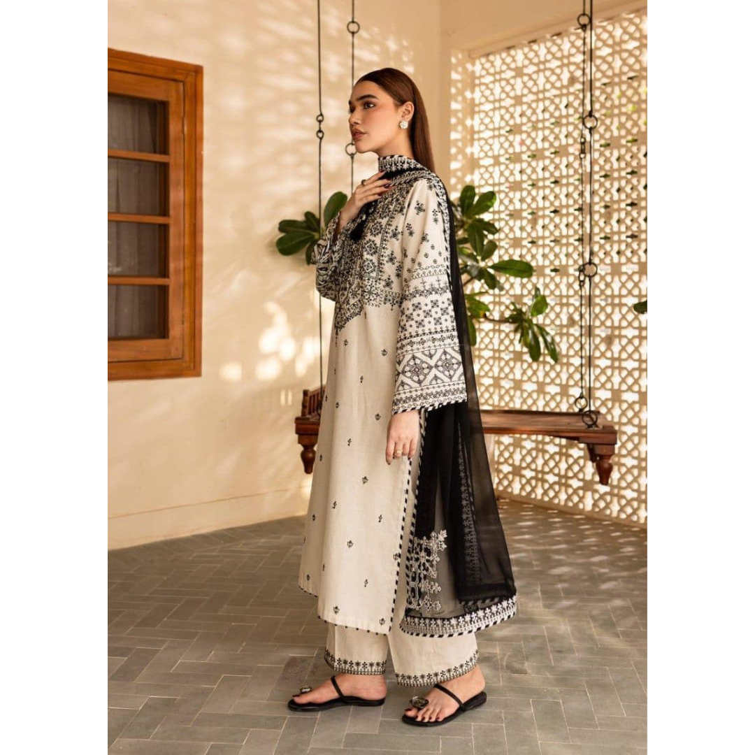 Women’s 3-Pcs Embroidered Cotton Stitched Suit with Organza Dupatta