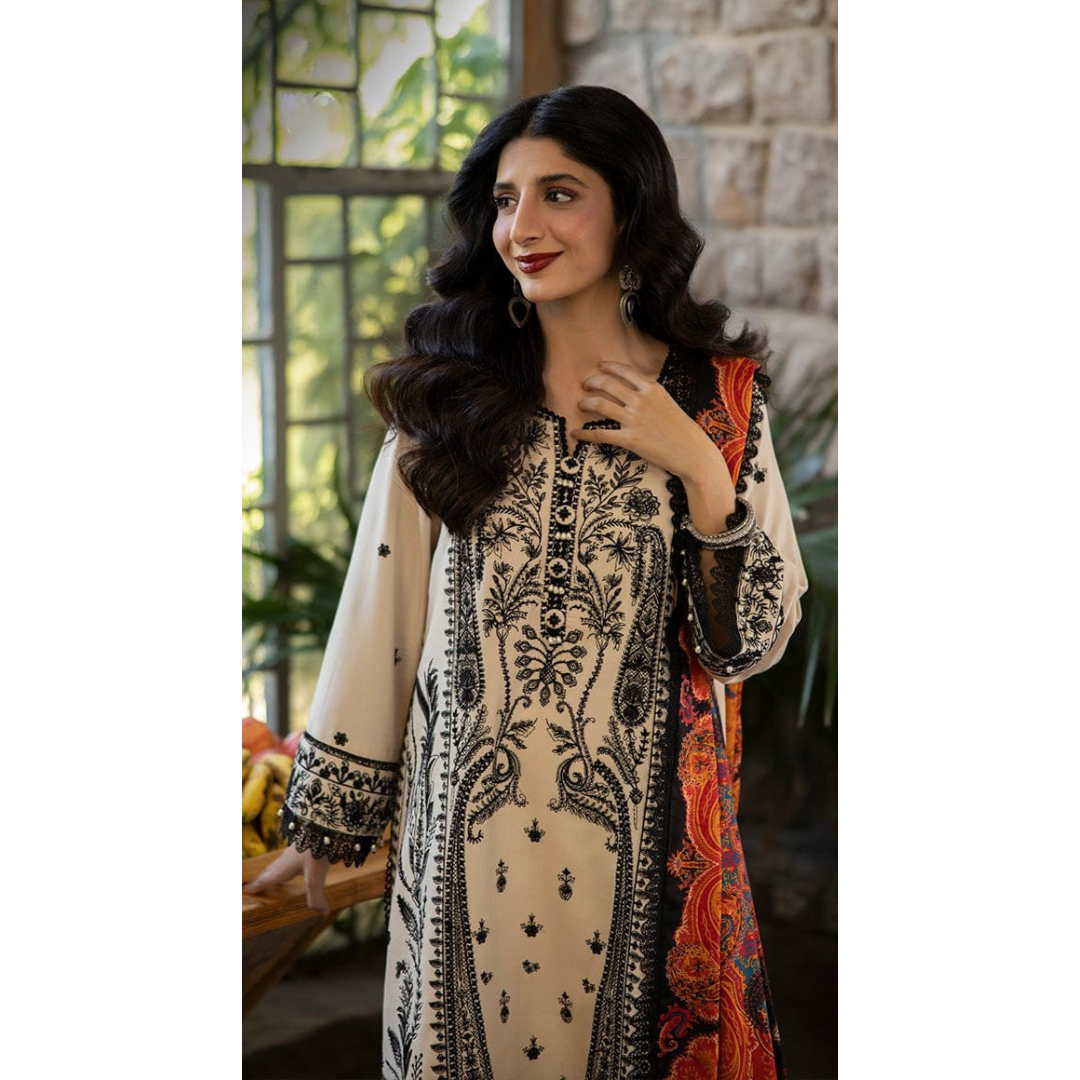 Elegant Off-White 3-Pcs Embroidered Lawn Suit -Unstiched