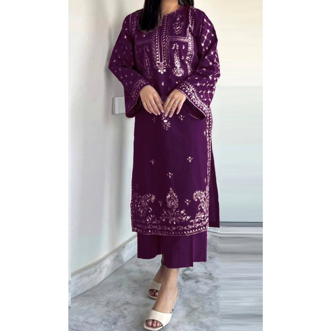 Purple Embroidered Lawn Shirt & Trouser Set | 2 Pcs