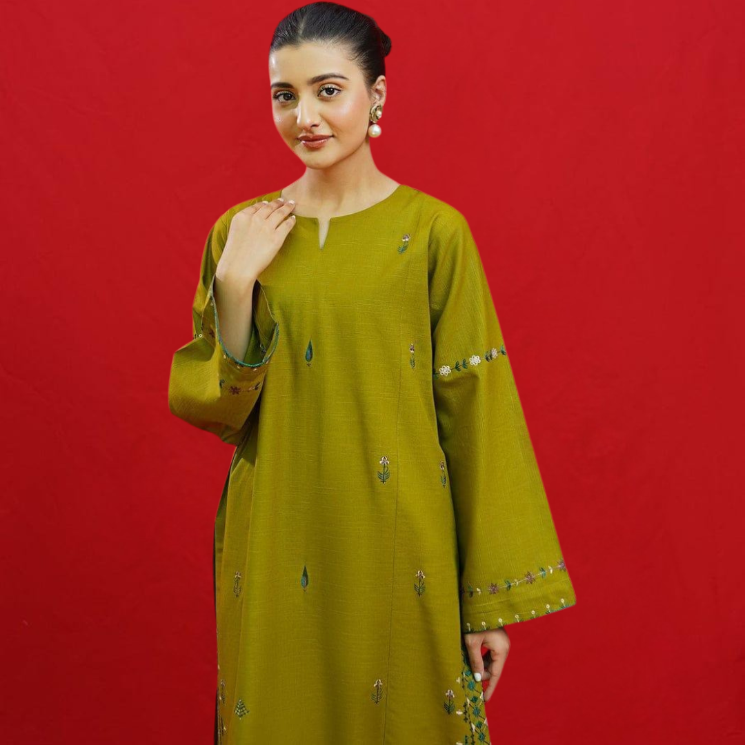 Green Embroidered Lawn Shirt, Trouser & Printed Dupatta Set | 3 Pcs