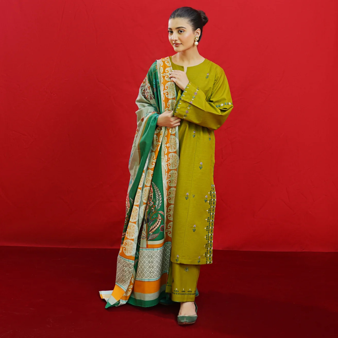 Green Embroidered Lawn Shirt, Trouser & Printed Dupatta Set | 3 Pcs