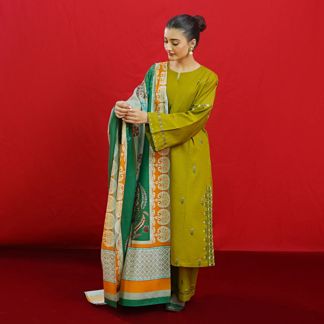 Green Embroidered Lawn Shirt, Trouser & Printed Dupatta Set | 3 Pcs