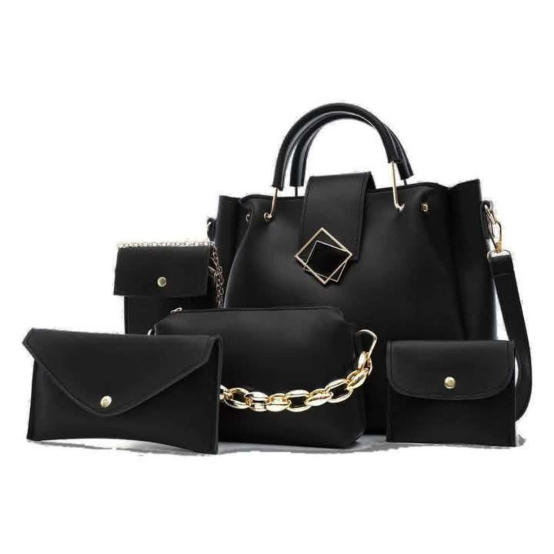 Women's Black Rexine Handbag Set - 5 Pcs with Top Handle