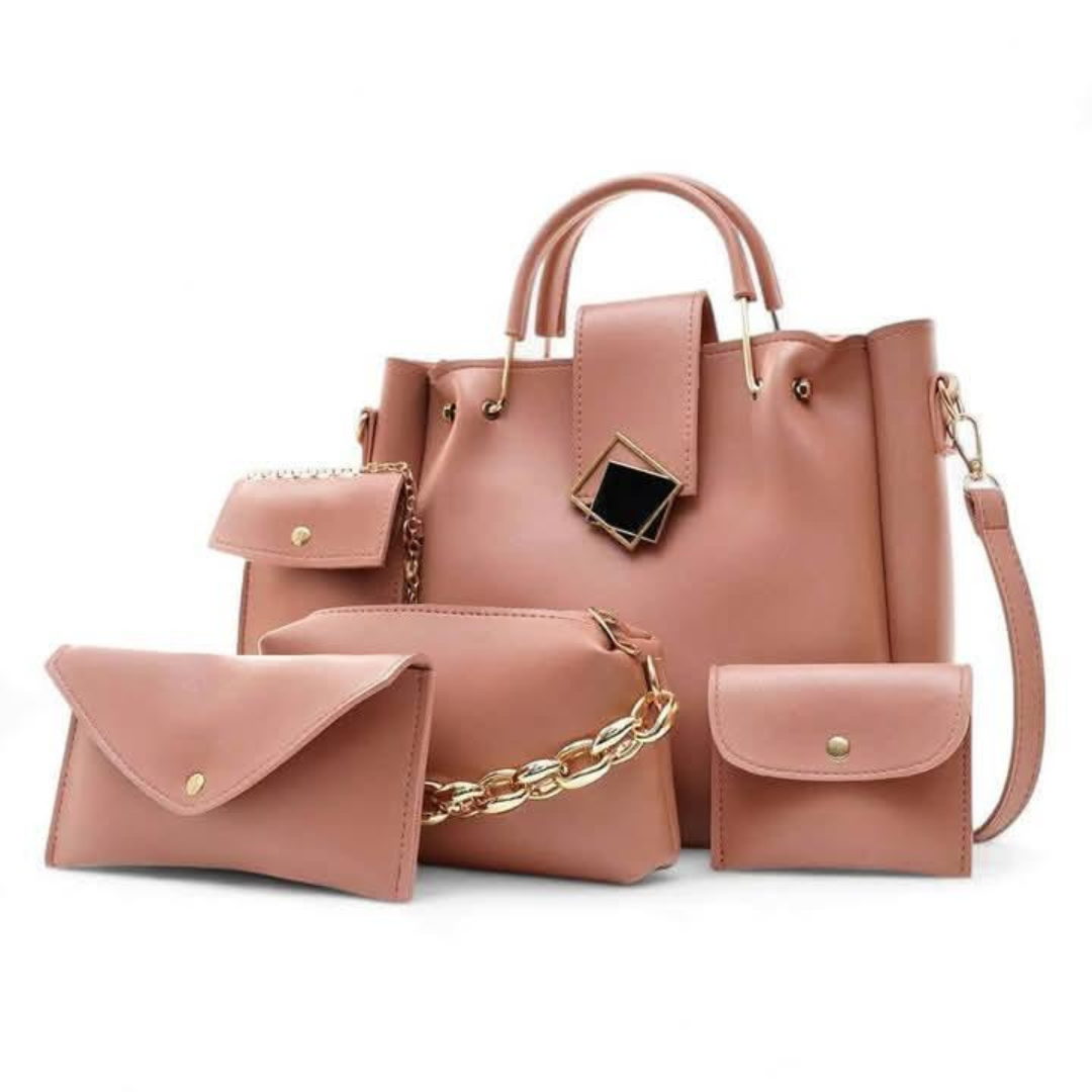 Women's Black Rexine Handbag Set - 5 Pcs with Top Handle