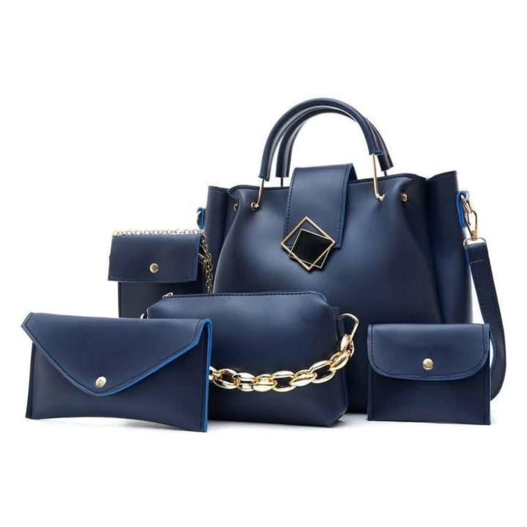 Women's Black Rexine Handbag Set - 5 Pcs with Top Handle