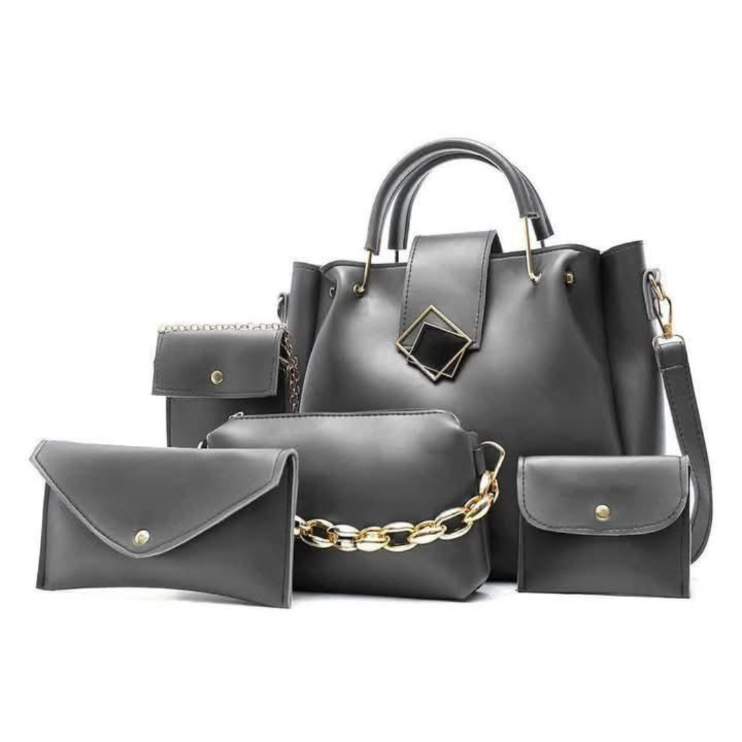 Women's Black Rexine Handbag Set - 5 Pcs with Top Handle