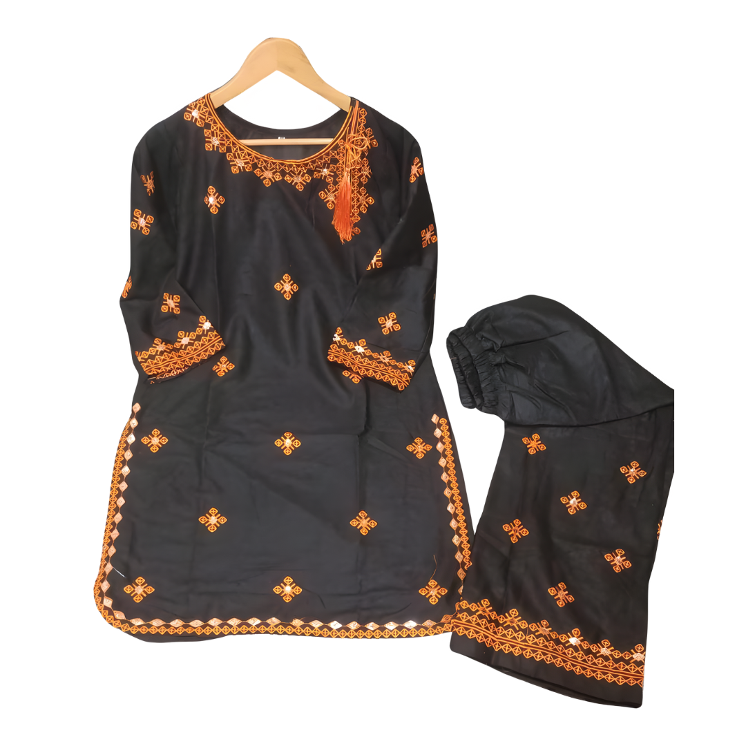Black Linen 2-Piece Embroidered Suit for Women – Shirt & Trouser Set