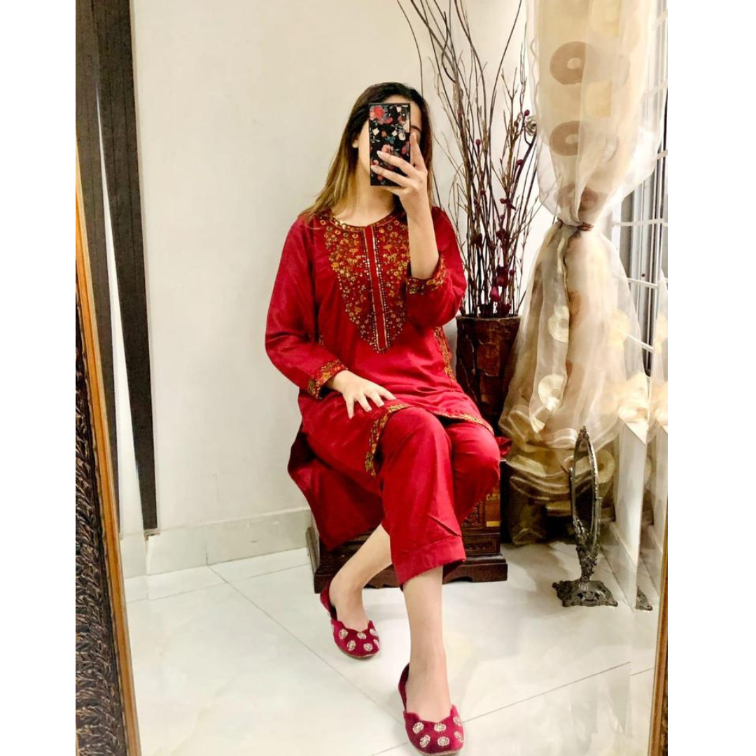 Women’s Sequins Embroidered Linen 2-Piece Suit – Shirt & Trouser Set