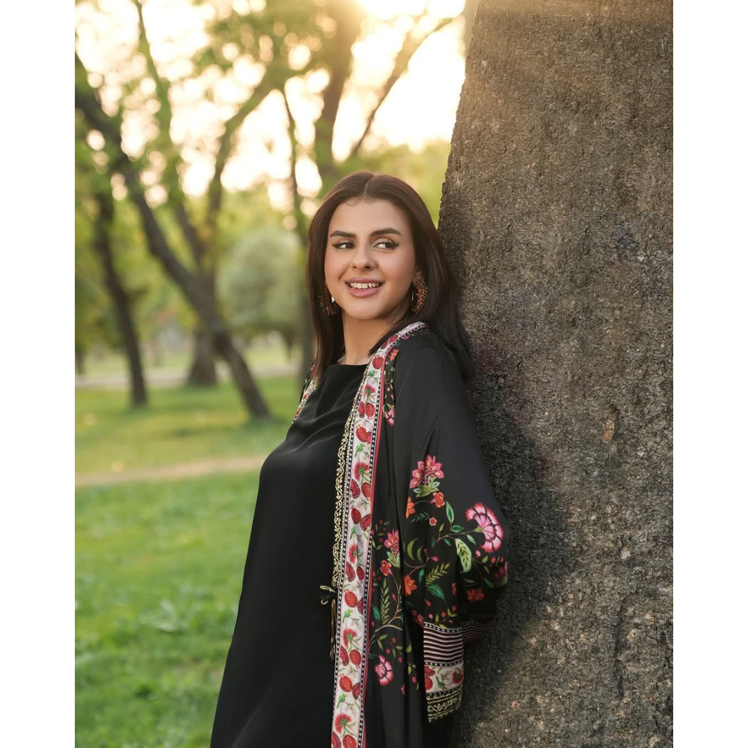 Black Lawn 3-Piece Gown Set – Printed Shirt, Trouser & Gown