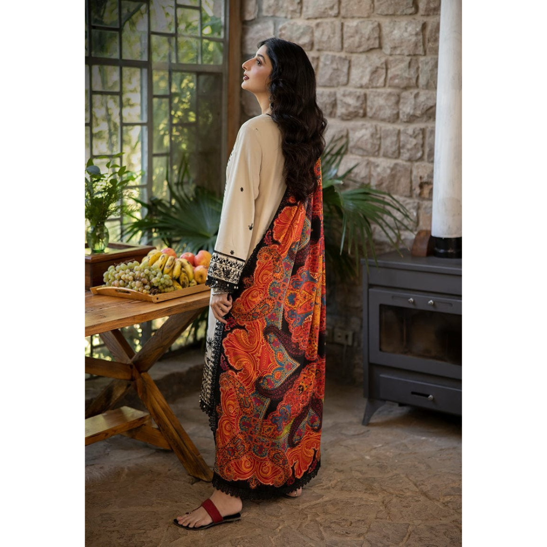 Elegant Off-White 3-Pcs Embroidered Lawn Suit -Unstiched