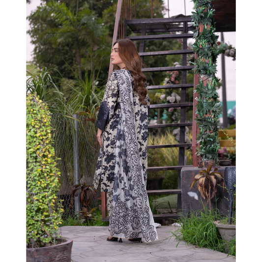 Grey Lawn 3-Piece Digital Printed  Shirt with Flapper Cord & Organza Dupatta Set