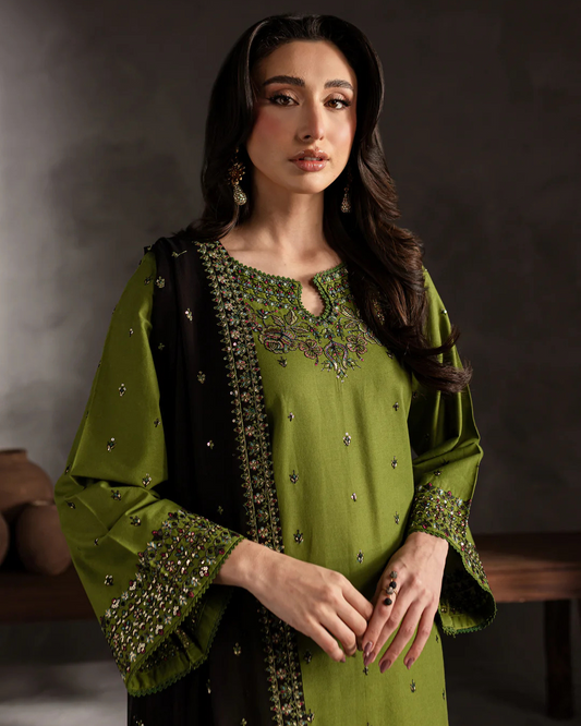 Green Linen Embroidered Women’s 3-Piece Stitched Suit