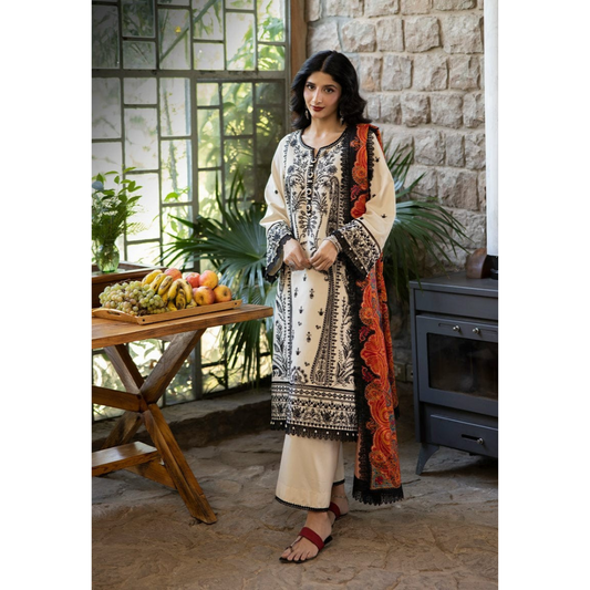 Elegant Off-White 3-Pcs Embroidered Lawn Suit -Unstiched