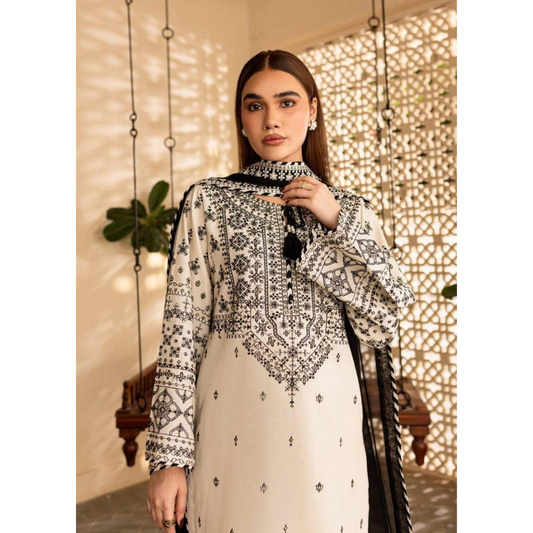 Women’s 3-Pcs Embroidered Cotton Stitched Suit with Organza Dupatta