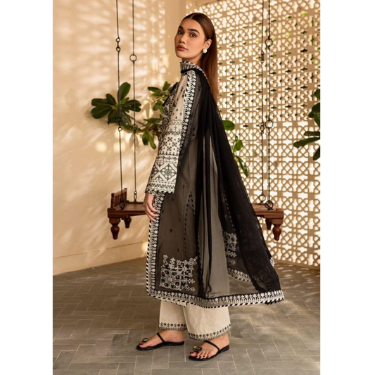 Women’s 3-Pcs Embroidered Cotton Stitched Suit with Organza Dupatta