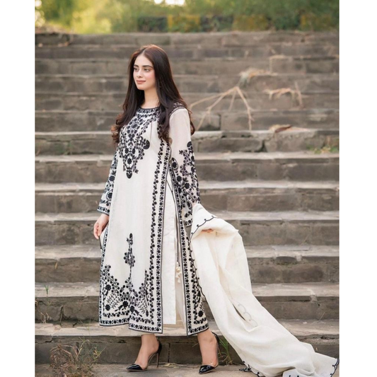 White Embroidered Organza 3-Piece Set – Shirt, Trouser & Dupatta for Women