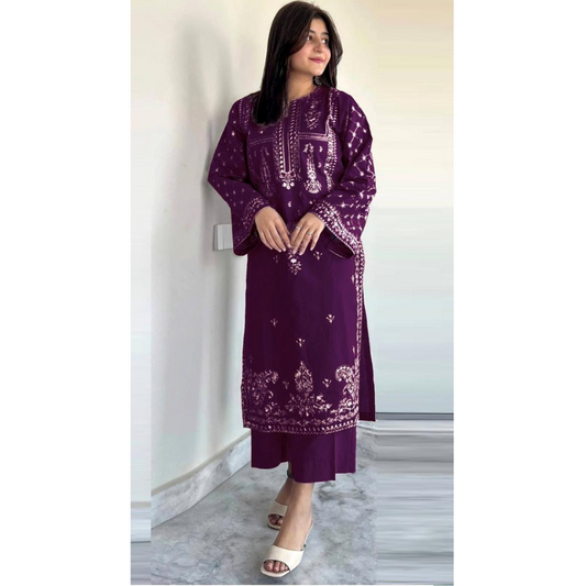 Purple Embroidered Lawn Shirt & Trouser Set | 2 Pcs