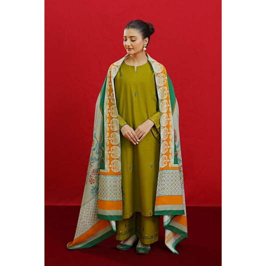 Green Embroidered Lawn Shirt, Trouser & Printed Dupatta Set | 3 Pcs