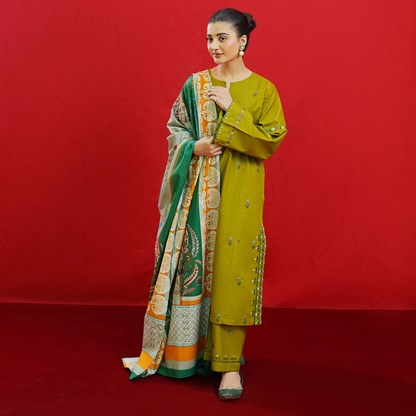 Green Embroidered Lawn Shirt, Trouser & Printed Dupatta Set | 3 Pcs