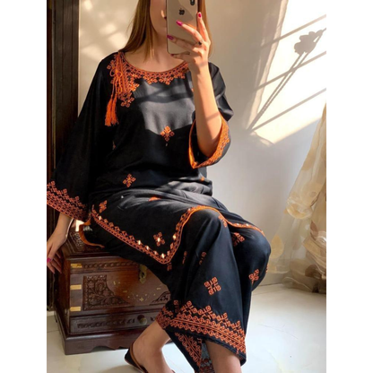 Black Linen 2-Piece Embroidered Suit for Women – Shirt & Trouser Set