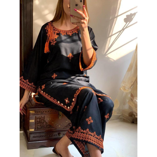 Black Linen 2-Piece Embroidered Suit for Women – Shirt & Trouser Set