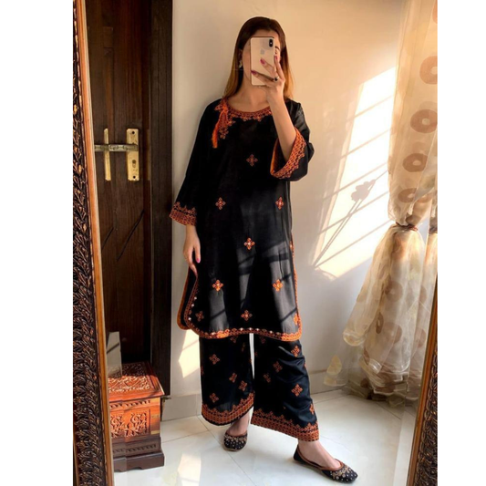 Black Linen 2-Piece Embroidered Suit for Women – Shirt & Trouser Set