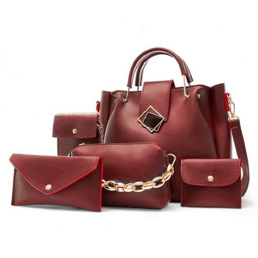 Women's Black Rexine Handbag Set - 5 Pcs with Top Handle