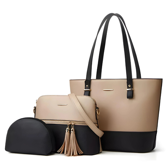 Women's Beige PU Leather 3-Piece Handbag Set - Tote, Crossbody, and Pouch