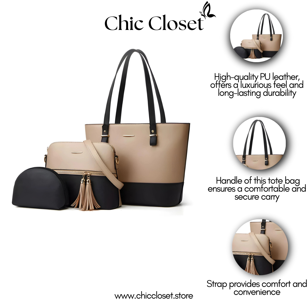 Women's Beige PU Leather 3-Piece Handbag Set - Tote, Crossbody, and Pouch