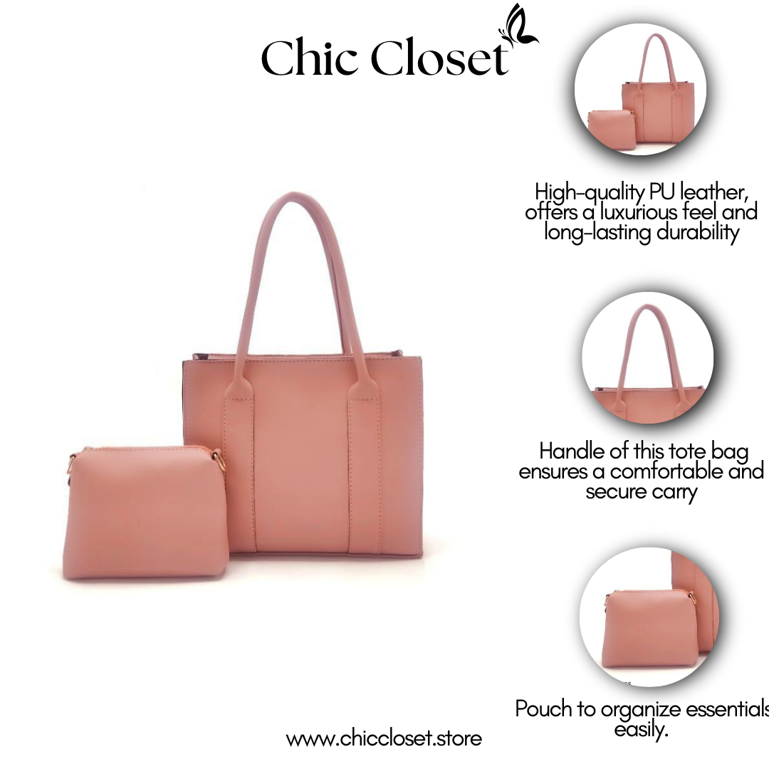 Women's Pink PU Leather Handbag Set - with Pouch