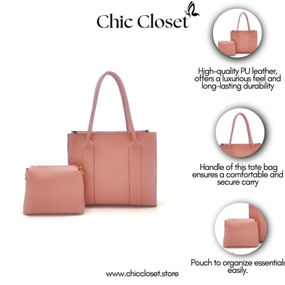 Women's Pink PU Leather Handbag Set - with Pouch