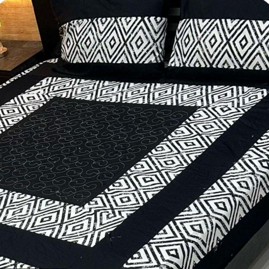 Black Cotton Sotton Patchwork Double Bed Sheet Set - 3 Pcs