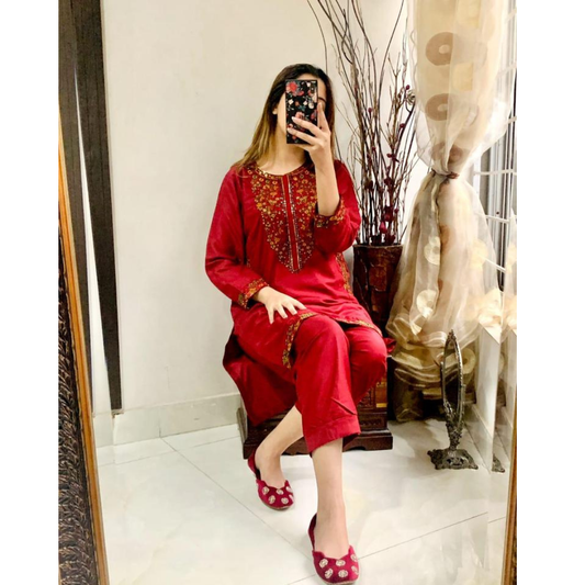 Women’s Sequins Embroidered Linen 2-Piece Suit – Shirt & Trouser Set