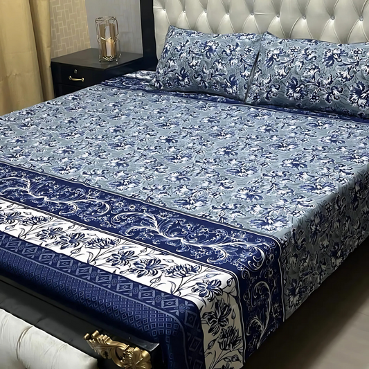Luxury Crystal Cotton Printed Double Bed Sheet Set (3 Pcs)