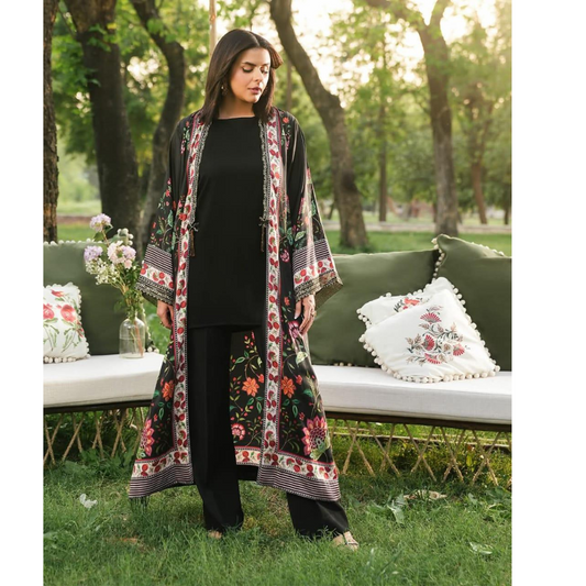 Black Lawn 3-Piece Gown Set – Printed Shirt, Trouser & Gown