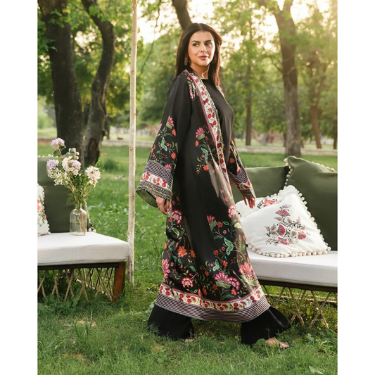 Black Lawn 3-Piece Gown Set – Printed Shirt, Trouser & Gown