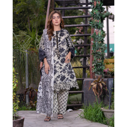 Grey Lawn 3-Piece Digital Printed  Shirt with Flapper Cord & Organza Dupatta Set