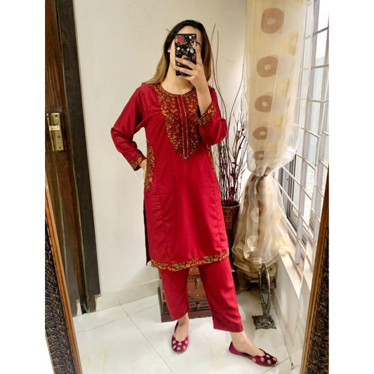 Women’s Sequins Embroidered Linen 2-Piece Suit – Shirt & Trouser Set