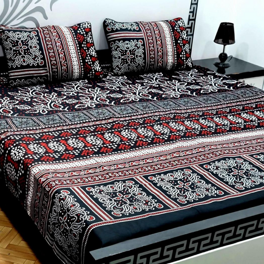 Crystal Cotton Multicolor Printed Double Bed Sheet Set - 3 Pcs
