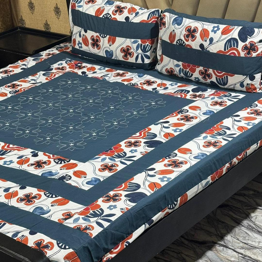 Blue Patchwork Double Bed Cotton Sotton Bedsheet Set – 3 Pcs