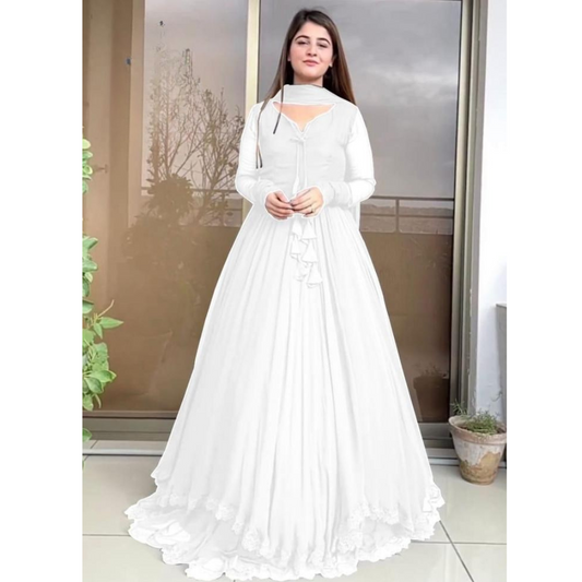 Stitched Chiffon Maxi Shirt with Plain Trouser & Dupatta Set
